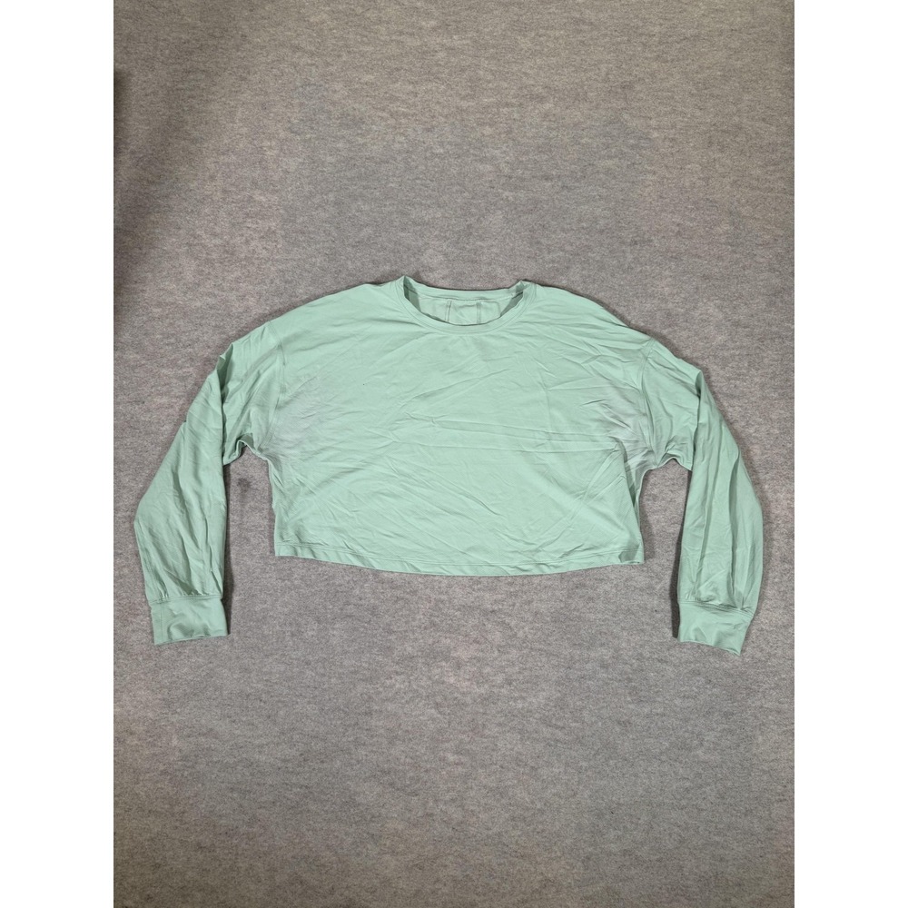 Lululemon Shirt Womens 10 Green Cropped Long Sleeve Crew Mesh Yoga Athletic Top